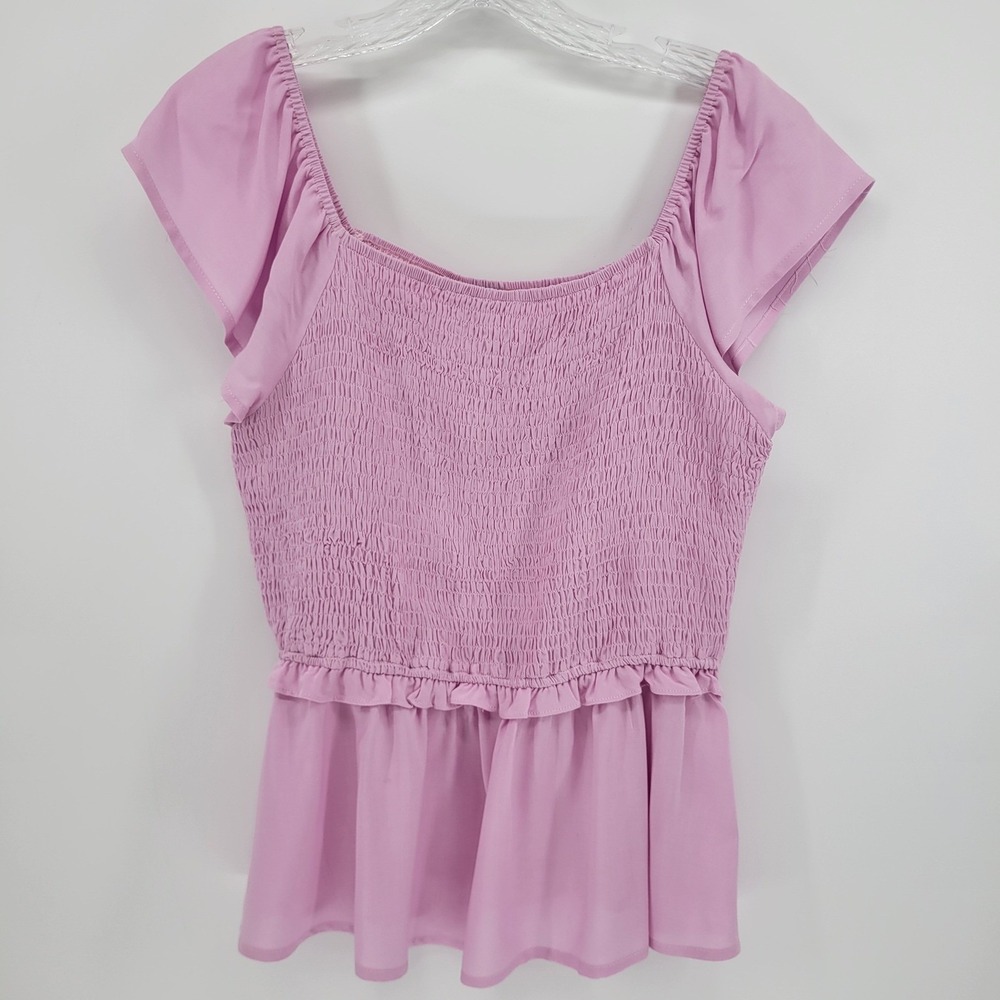 Andree by Unit Pink Smocked Peplum Top Flutter Sleeve Rayon 18876-S Womens M